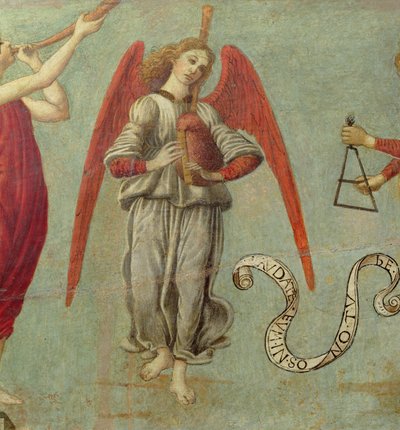 Anioł grający na dudach, temp. ok. 1475-97 na detalu panelu z 64871, patrz także 64873 i 64874 autorstwa Francesco Botticini
