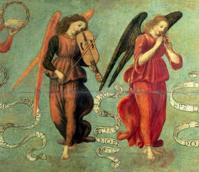 Anioły grające na skrzypcach i piszczałkach, temp. ok. 1475-97 na detalu płyty z 64871, zob. także 64872 i 64873 autorstwa Francesco Botticini