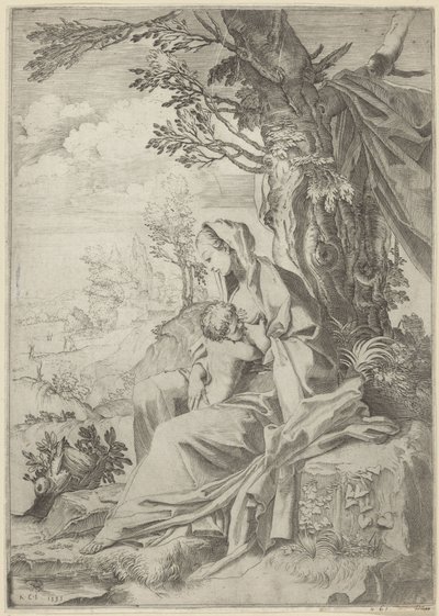 Maryja karmiąca Dzieciątko Chrystus w krajobrazie autorstwa Francesco Brizio