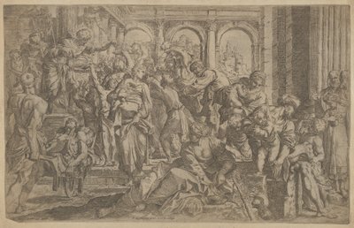Św. Roch po lewej rozdając jałmużnę grupie ludzi zgromadzonych wokół niego, po A..., ca. 1607. autorstwa Francesco Brizio