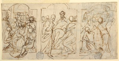 Rysunek, Trzy etapy Męki Pańskiej: Szyderstwo, Chrystus przed Piłatem, Biczowanie, ok. 1848 r. autorstwa Francesco Coghetti