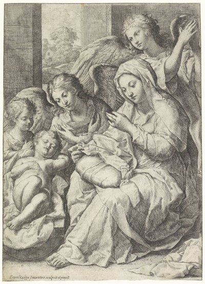 Maryja i śpiące Dzieciątko Chrystus w otoczeniu aniołów autorstwa Francesco Cozza