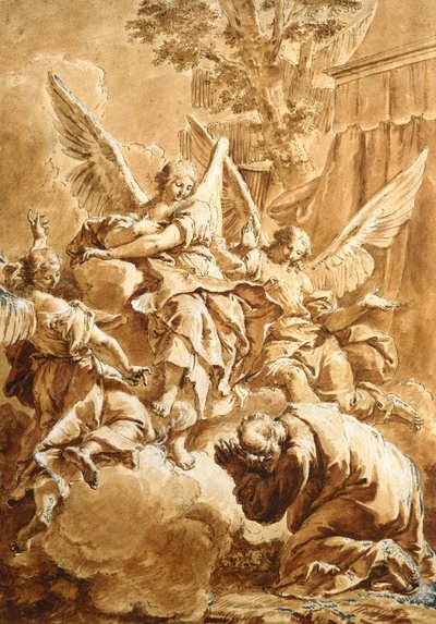 Abraham i trzej aniołowie, ok. 1750 (pióro i brązowy tusz na czarnej kredzie z czerwonym lakierem) autorstwa Francesco Fontebasso