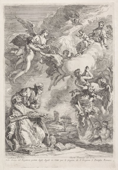 Św. Grzegorz Wielki i św. Hieronim modlą się za dusze w czyśćcu Molte Anime del Purgatorio portate dagli Angeli in Cielo per le pregiere di S. Gregorio I. Pontefice Romano (tytuł na obiekcie) autorstwa Francesco Fontebasso