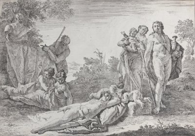 Dziewięć figurek w pobliżu Herm of Pan, z bachanaliów i historii, 1744. autorstwa Francesco Fontebasso