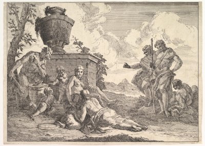 Satyr z maczugą i siedmioma figurami, z bakanali i historii, 1744. autorstwa Francesco Fontebasso