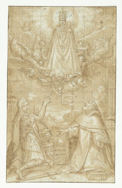 Ukoronowana Madonna z Dzieciątkiem, ubrana w płaszcz i ciężkie łańcuchy, ukazuje się w obłokach, otoczona aniołami i cherubinami, dwóm klęczącym świętym; jeden żołnierz umęczony, drugi duchowny (Hyacintus?). Anioł podaje pasek lub zwój autorstwa Francesco Francia