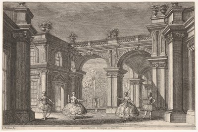 Dwie panie i dwóch dżentelmenów tańczące w ozdobnym otoczeniu architektonicznym, fontanna w..., 1765. autorstwa Francesco Galli Bibiena