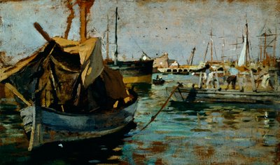 Przy pracy w porcie Livorno (Leghorn) Francesco Gioli (1846-1922), olej na desce, 22x38 cm autorstwa Francesco Gioli