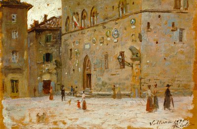 Na placu w Volterze, Francesco Gioli (1846-1922), olej na panelu autorstwa Francesco Gioli