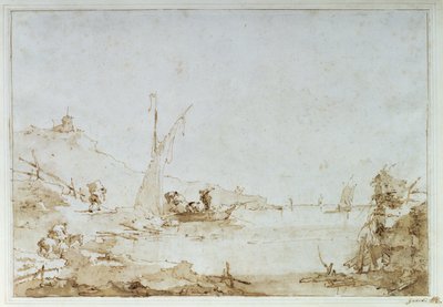 Scena przybrzeżna, ok. 1770-80 (pióro i brązowa farba z czarną kredą na papierze) autorstwa Francesco Guardi