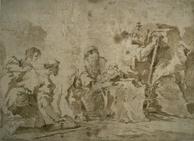 Adoracja pasterzy (recto); Trzy szkice: Budynki nad kanałem z łodziami, Krajobraz z budynkami na zboczu wzgórza, Budynki z portykiem (verso) autorstwa Francesco Guardi