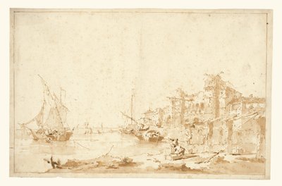 Wyimaginowany widok weneckiej laguny z fortecą przy brzegu autorstwa Francesco Guardi