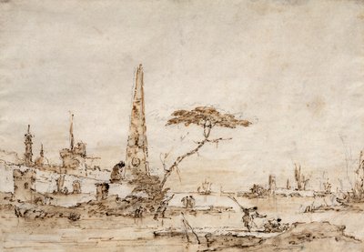 Capriccio obok laguny weneckiej z obeliskiem i lwem poza murami ufortyfikowanego miasta (pióro i atrament) autorstwa Francesco Guardi