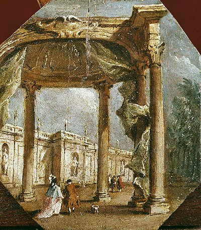 Capriccio szaleństwa z elegancką parą i psem (olej na panelu) autorstwa Francesco Guardi