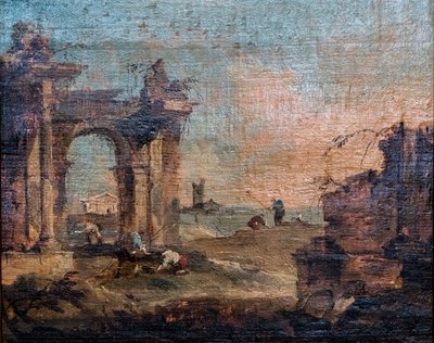 Kaprys z postaciami i ruinami, ok. 1775-1780 (olej na drewnie) autorstwa Francesco Guardi