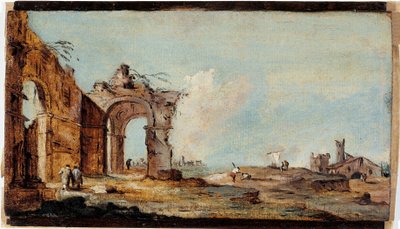 Caprice, ze zrujnowanym łukiem i domami rybaków autorstwa Francesco Guardi