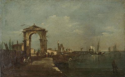 Krajobraz z nabrzeżem i statkami na jeziorze autorstwa Francesco Guardi