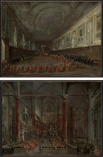 Papież Pius VI zstępujący z tronu, aby pożegnać się z dożami w Sali SS. Giovanni e Paolo, 1782 i Ceremonia Papieska w SS. Giovanni e Paolo, Wenecja, 1782 (para) autorstwa Francesco Guardi