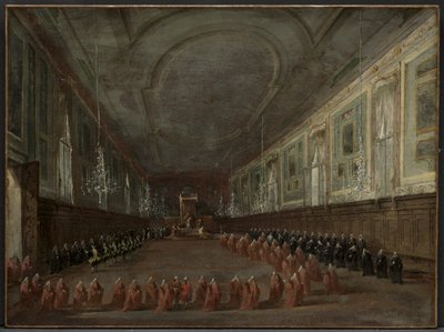 Papież Pius VI zstępujący z tronu, aby pożegnać się z dożami w Sali SS. Giovanniego i Paolo, 1782 autorstwa Francesco Guardi