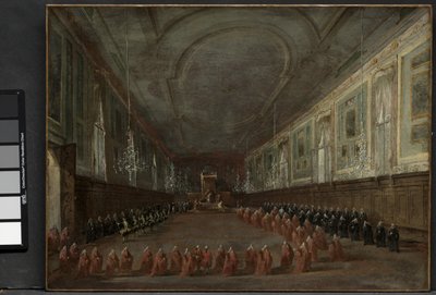 Papież Pius VI zstępujący z tronu, aby pożegnać się z dożami w Sali SS. Giovanni e Paolo, 1782 i Ceremonia Papieska w SS. Giovanni e Paolo, Wenecja, 1782, c. 1783 autorstwa Francesco Guardi