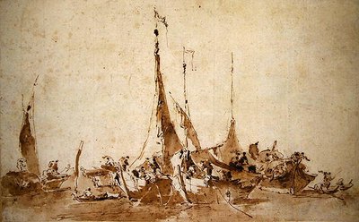 Badania łodzi rybackich (pióro i tusz oraz pranie na papierze) autorstwa Francesco Guardi