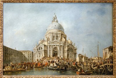 Doża Wenecji idzie do Saluty Weneckiej, Każdego roku 21 listopada Doża udał się do bazyliki Santa Maria della Salute, zbudowanej w dziękczynieniu za koniec zarazy z 1630 roku, aby podziękować Dziewicy za to wyzwolenie, most łodzi autorstwa Francesco Guardi