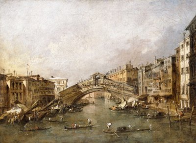 Most Rialto w Wenecji z gondolami na pierwszym planie, autorstwa Francesco Guardi