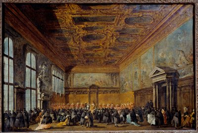 Audiencja udzielona przez dożę weneckiego (prawdopodobnie Alvise IV Mocnego (1701-1778)) w auli Kolegium Pałacu Książęcego w Wenecji Obraz Francesco Guardi (1712-1793) 1766-1770 nd. 0,67 x 1,01 m² autorstwa Francesco Guardi