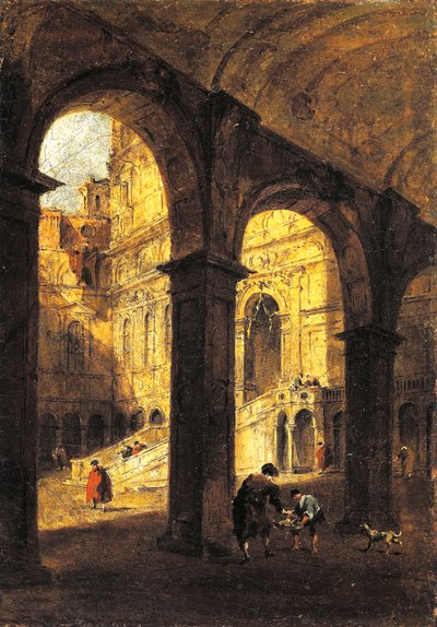 Widok na dziedziniec Palazzo Ducale i Schody Olbrzyma (Scala dei Giganti) w Wenecji, ok. 1780, autorstwa Francesco Guardi (1712-1793), olej na płótnie, 26x39 cm. autorstwa Francesco Guardi
