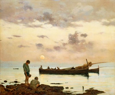 Marina z łodzią rybacką i chłopcami, Francesco Lojacono (1838-1915), olej na płótnie, 64x77 cm autorstwa Francesco Lojacono