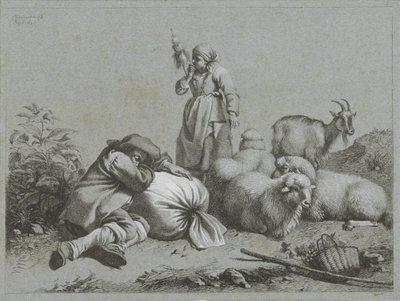 Pasterz i pasterka z owcami i kozami Sceny pasterskie (tytuł serii) autorstwa Francesco Londonio