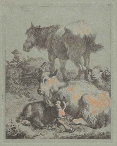 Koń, Baran, Koza z Dzieciątkiem, W oddali pasterz ze stadem, 1759. autorstwa Francesco Londonio