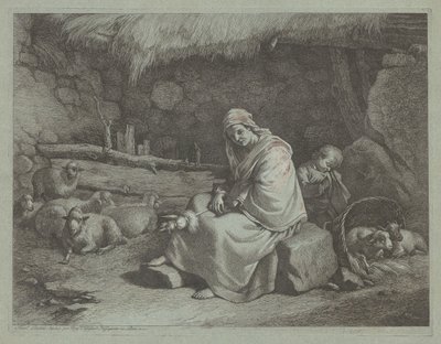 Wnętrze stajni z siedzącą przędzarką i śpiącym dzieckiem, 17591782. autorstwa Francesco Londonio