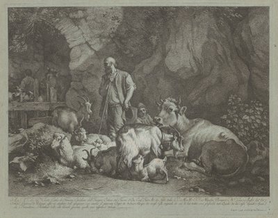 Stary, łysy pasterz, siedzący pasterz i stado, po 1766 r. autorstwa Francesco Londonio