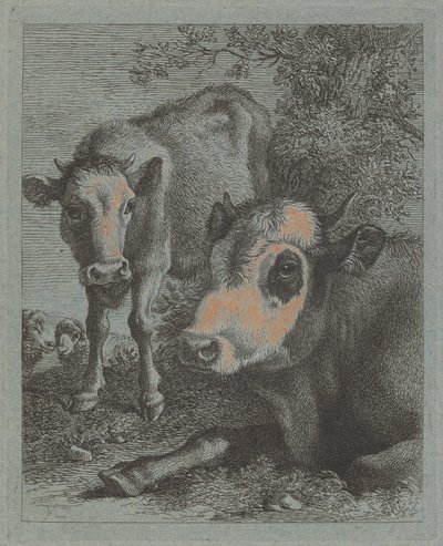 Leżąca krowa i cielę na otwartej przestrzeni, 17581759. autorstwa Francesco Londonio