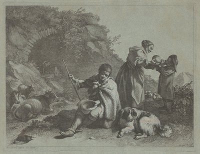 Siedzący pasterz i kobieta dające drinka dziecku, 17591782. autorstwa Francesco Londonio