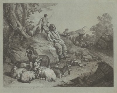Pasterz siedzący przed stadem kóz, po 1766 r. autorstwa Francesco Londonio