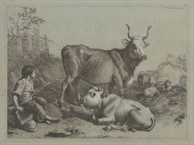 Siedzący pasterz z bykiem i bykiem, 1763. autorstwa Francesco Londonio
