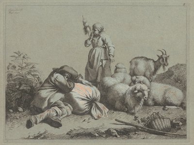 Śpiący chłop i stojący prządka, 1763. autorstwa Francesco Londonio
