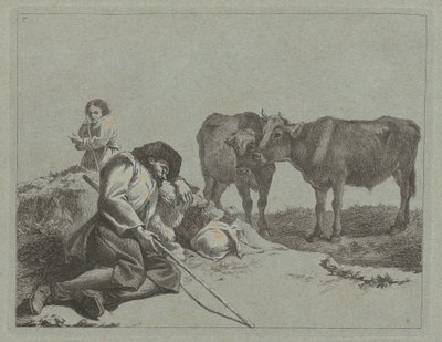 Śpiący pasterz, dwa cielęta i wieśniaczka, 17621763. autorstwa Francesco Londonio
