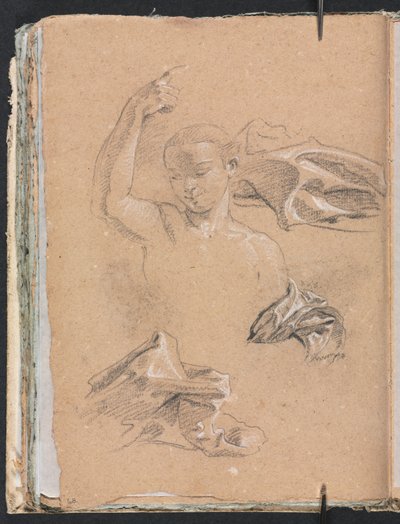 Szkicownik werony: Figura z uniesionym prawym ramieniem i badaniami draperii, strona 68, 1760. autorstwa Francesco Lorenzi