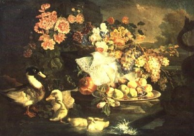 Martwa natura z owoców i kwiatów z kaczką, kaczorem i kaczątkami autorstwa Francesco Morosini