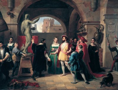 Król Francji Franciszek I (1494-1547) odwiedza pracownię Buenvenuto Celliniego (1500-1571) w Rzymie. Malarz przedstawia królowi rzeźbę obrazu św. Jana Ewangelisty Anonimowego. Roma, Galleria Nazionale d