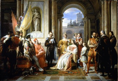 Torquato Tasso (Le Muche) czytający swoją Jerozolimę delivree (Wyzwoloną Jerozolimę) na dworze Ferrary. Malarstwo Francesco Podesti (1800-1895) autorstwa Francesco Podesti