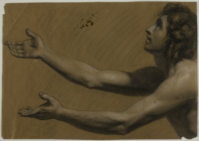 Młody mężczyzna patrzący w górę z wyciągniętymi ramionami (recto); kobieta trzymająca lustro (verso) autorstwa Francesco Podesti