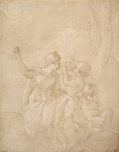 Klasyczna postać kobieca Diana lub Wenus z dwójką niemowląt, ca. 1539-42. autorstwa Francesco Primaticcio