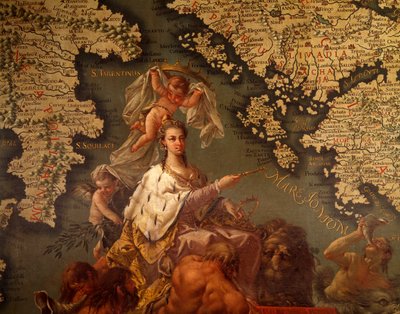 Wenecja, królowa Morza Śródziemnego, autorstwa Giambattista Ramusio (1485-1557) i Francesco Grisellini (1717-1787), Sala Map lub Sala Scudo, Pałac Dożów, Wenecja (Lista Światowego Dziedzictwa UNESCO autorstwa Francesco and Ramusio Giovan Battista Grisellini