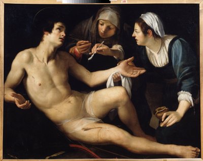 Święty Sebastian (św. Sebastian). Od ran opiekuje się nim młoda wdowa, św. Irena. Obraz Francesco Rustici (ok. 1575-1626). Olej na płótnie, 119 x 148 cm. Sztuka ze Sieny, manieryzm włoski. Państwowe Muzeum Sztuki w Jekaterynburgu. autorstwa Francesco Rustici