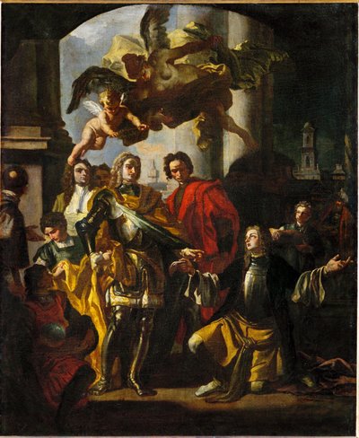 Gundaker hrabia Althan, dyrektor budynków cesarskich, przedstawia cesarzowi Karolowi VI inwentarz nowej galerii obrazów w Stallburgu. autorstwa Francesco Solimena